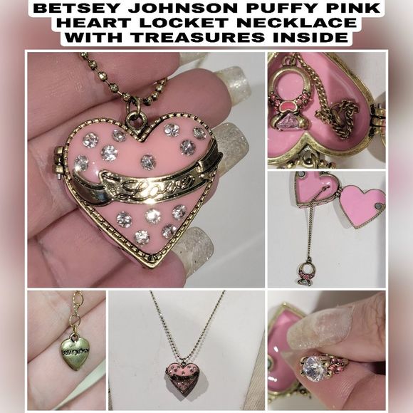 2PC SET BETSEY JOHNSON PINK HEART TREASURE NECKLACE+MATCHING EARRINGS Rare - Picture 3 of 10